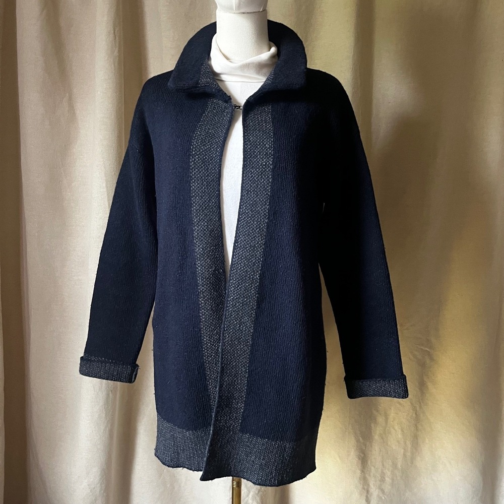 Vintage Chiaramente Italy Wool Blend Knit Cardigan Coat Navy Gray Collar L‎